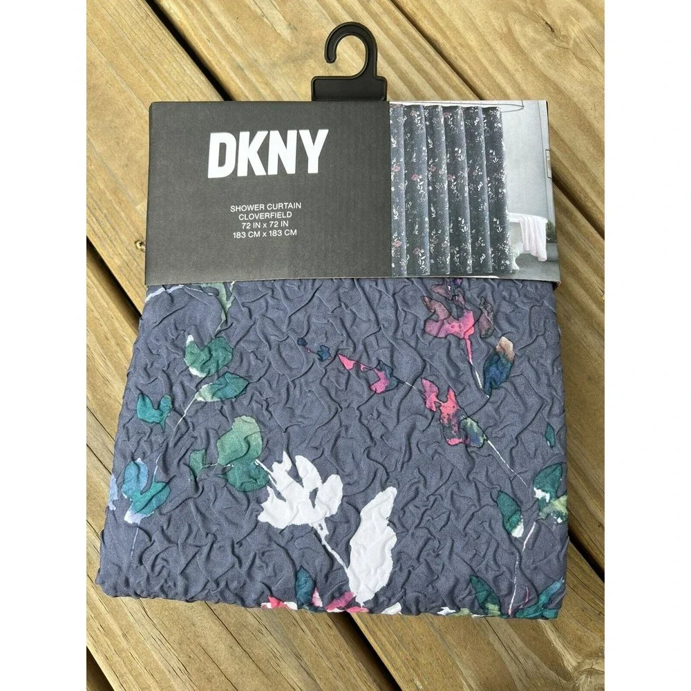 DKNY Floral Shower Curtain CLOVERFIELD Textured Blue Pink Green Microsculpt NEW